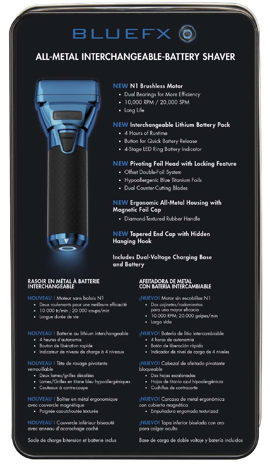 BABYLISSPRO BLUEFX ONE ALL METAL INTERCHANGEABLE BATTERY DOUBLE FOIL SHAVER