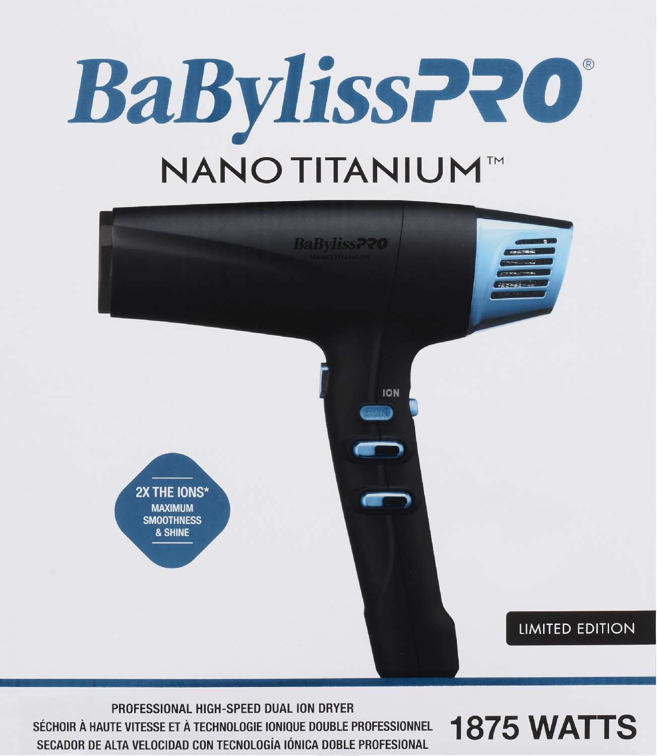 BABYLISSPRO NANO TITANIUM LIMITED EDITION BLACK AND BLUE PROFESSIONAL HIG-SPEED DUAL IONIC DRYER