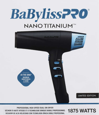 BABYLISSPRO NANO TITANIUM LIMITED EDITION BLACK AND BLUE PROFESSIONAL HIG-SPEED DUAL IONIC DRYER
