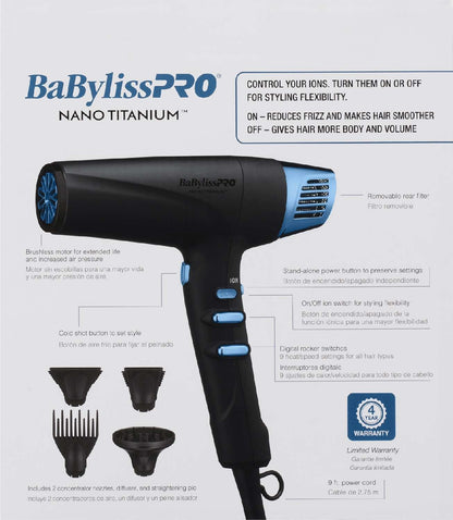 BABYLISSPRO NANO TITANIUM LIMITED EDITION BLACK AND BLUE PROFESSIONAL HIG-SPEED DUAL IONIC DRYER